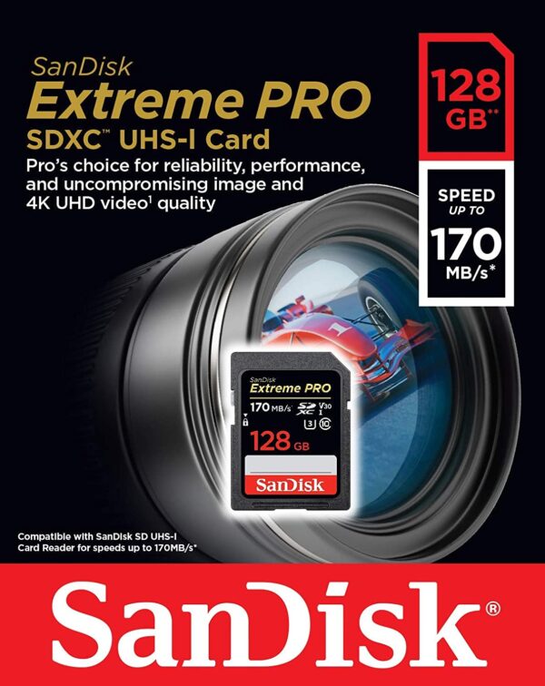 SanDisk 128GB Extreme PRO SDXC UHS-I Card – C10, U3, V30, 4K UHD, SD Card – SDSDXXY-128G-GN4IN 170mbps